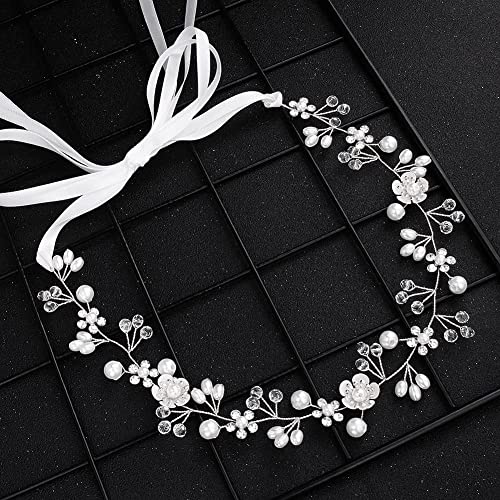 Flower Wedding Hair Accessory, Crystal Pearl Bridal Headband Flower Hair Vine Silver Bride Headband for Women and Girls