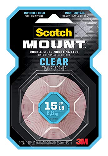 Scotch Mount Clear Tape 1 in x 60 in (2.54cm x 1.52m), 1 roll/pack | Holds 6.8 kg whole roll | Transparent color | Multi-Surface | Easy to use | No Tools | Double Sided Adhesive Tape