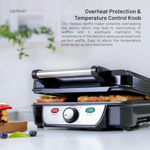 Geepas GWM5417 Electric Waffle Maker 1100W- 4 Slice Non-Stick Electric Belgian Waffle Maker with Adjustable Temperature Control