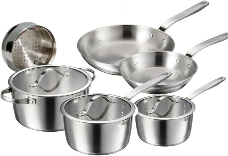 Tramontina Since 1911, 9-Piece Tempo Tri-Ply Base Stainless Steel Cookware Set with Glass Lids, Pots and Pans Kitchen Set, Induction-Ready, Oven-Safe, Dishwasher-Safe 37240028
