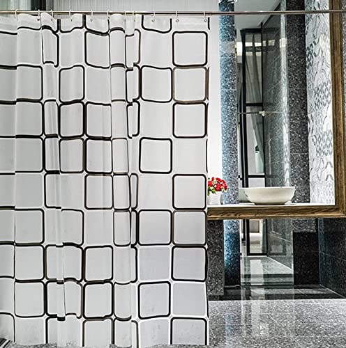 SKY-TOUCH Transparent Shower Curtain, Square Printed Design, Eco-Friendly Waterproof Heavy Duty with Anti-Mold Grid for Bathroom and Bath Tub, 180x200cm