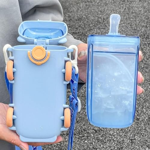 Twisoo Bus Design Water Bottle for Kid with Straw and Sticker Sport Plastic Portable Drinking Bottle for Kids Girls School Camping Trips Supplies with Shoulder Strap (Blue)