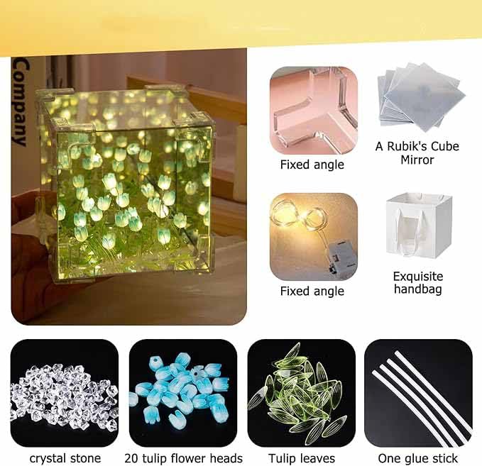 Tazweeq Tulip Night Lamp, Bedroom LED Decorative Night Lamp, Handmade DIY Rubik's Cube Tulip Table Lamp and Mirror 2 in 1, Exquisite Birthday Gifts