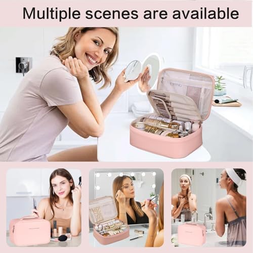 Large Makeup Bag, Portable Travel Makeup Bag for Women Girls, Makeup Organizer Cosmetic Bag with Makeup Brush Compartment, Waterproof Leather Makeup Travel Case With Handle and Divider - Black (Pink)