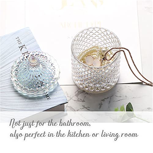 Cotton Ball and Swab Holder Organizer,Home Decor Clear Glass Bathroom Vanity Countertop Canister Jars with Lid, Room Decor Apothecary Jars Holder Makeup Organizer for Pads,Bath Salts 8.8OZ Set of 2