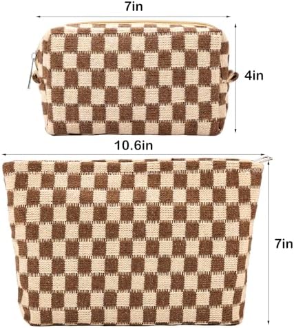ZLFSRQ 3Pcs Checkered Makeup Bag for Women Large Cosmetic Bag Set Travel Toiletry Bag Makeup Pouch Bag for Purse Pink Zipper Storage Bag Organizer Cute Small Aesthetic Girls Car Essentials Bag