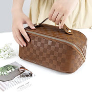ALEXTINA Large Capacity Travel Cosmetic Bag - Portable Makeup Bags for Women Travel Toiletry Bag Waterproof Leather Checkered Makeup Organizer Bag, Roomy Cosmetic Bag for Women and Girls, Black,