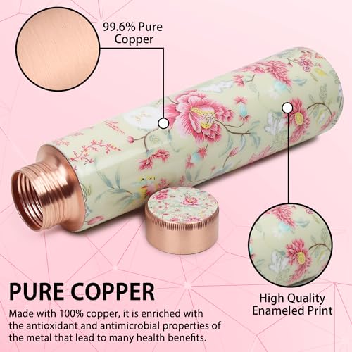 MERCAPE® - 100% Pure Joint Less Copper Bottles for Water with Leak Proof Lid | Ayurveda BPA Free & Non Toxic | Ayurvedic Office | Flower Print Bottle | Hiking Treking Bottle - 900ml