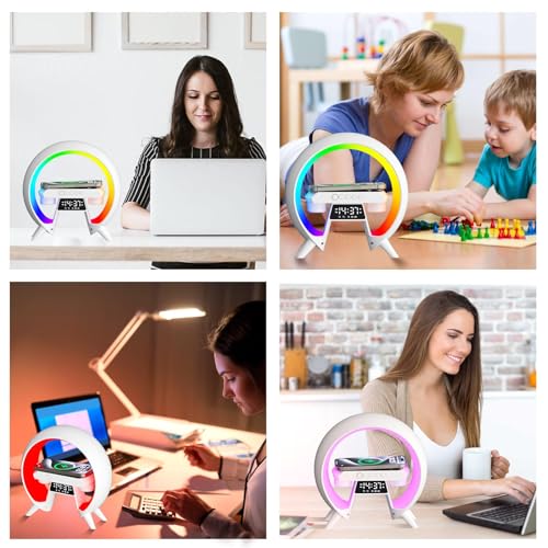 KASTWAVE Atmosphere Lamp, with 15W Wireless Charger LED Alarm Clock Smart Table Lamp, with Bluetooth Speaker & Iridescent Running Lights, Atmosphere Light for Adults Kids Office Bedroom Gift