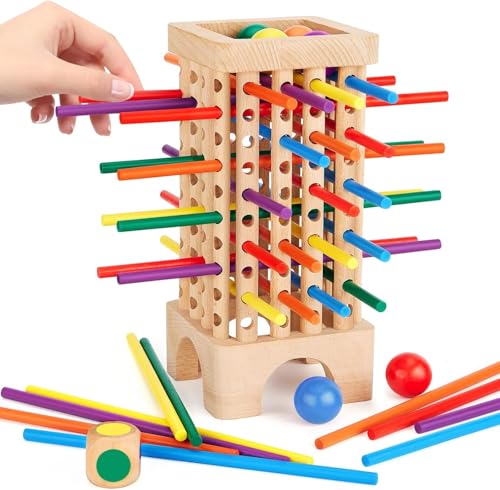 TOYBY Wooden Board Game Montessori Toys, 42 Colourful Sticks Dice Game Math Educational Toy, Family Fun Ball Dropping Game, 1 to 6 Players Fine Motor Skills Travel Games for 3 4 5 6 Years Old Boy Girl