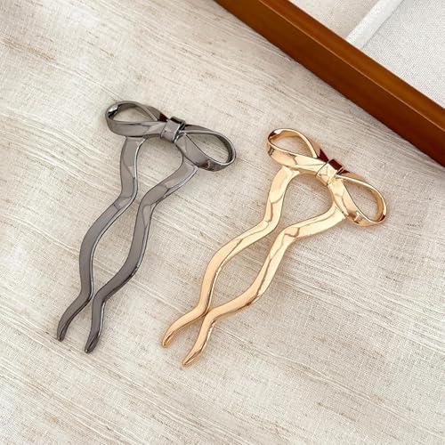 Beynant 2PCS Vintage French Hair Forks for Women U Shaped Updo Metal Hair Pins for Long Thick Hair,Large Gold Bow 2 Long Prong Bun Twist Hair Sticks,Medium Hair Accessories for Women