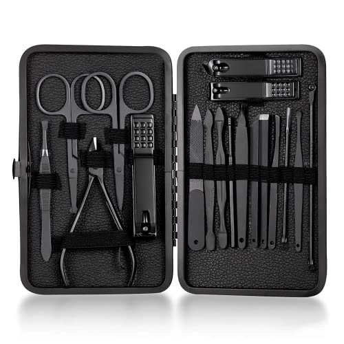 Professional Nail Clippers Set 18 pcs, KASTWAVE Black Stainless Steel Sharp Nail Trimmer Pedicure and Manicure Set with Cortex Metal Case for Men and Women