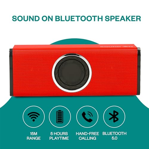 SOUND ON Portable Bluetooth Speakers - Deep Bass, Waterproof & Dustproof, 5 Hrs Playtime, Stereo Sound, Built-in Mic, USB-C Charging, Wireless Speakers for Home, Outdoor, Party, Beach & Travel - Red
