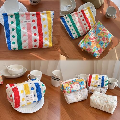 Sminra Floral Makeup Bag Large Cotton Quilted Cosmetic Makeup Bag Organizer, Aesthetic Portable Pouch Purse Toiletry Bag for Women Girls Travel accessories(Blue Floral-L)