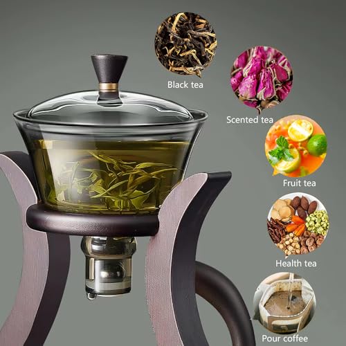 CUNHUY Lazy Kungfu Drip TeaPot, Heat Resistant Tea Set, Semi-Automatic Glass Teapot Suit for Magnetic Water Flow Wooden Glass Teapot Set (Wooden handle+glass body)