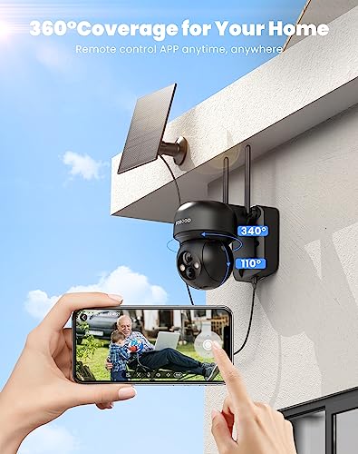 Solar Security Cameras Wireless Outdoor - Battery Power Cameras for Home Security Wifi Cameras Outside Surveillance Camera PTZ 360° Camera System with Floodlight Color Night Vision Motion Sensor Alarm