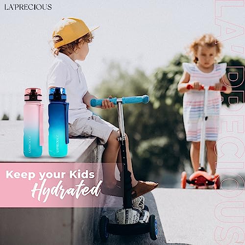 LA' PRECIOUS Water Bottle for Kids & Adults,500ML, 350ML -USA Tritan Material, Non-Toxic BPA Free, Fast Flow, Flip Top Leak Proof Lid. (Pink/Green, 350ML)