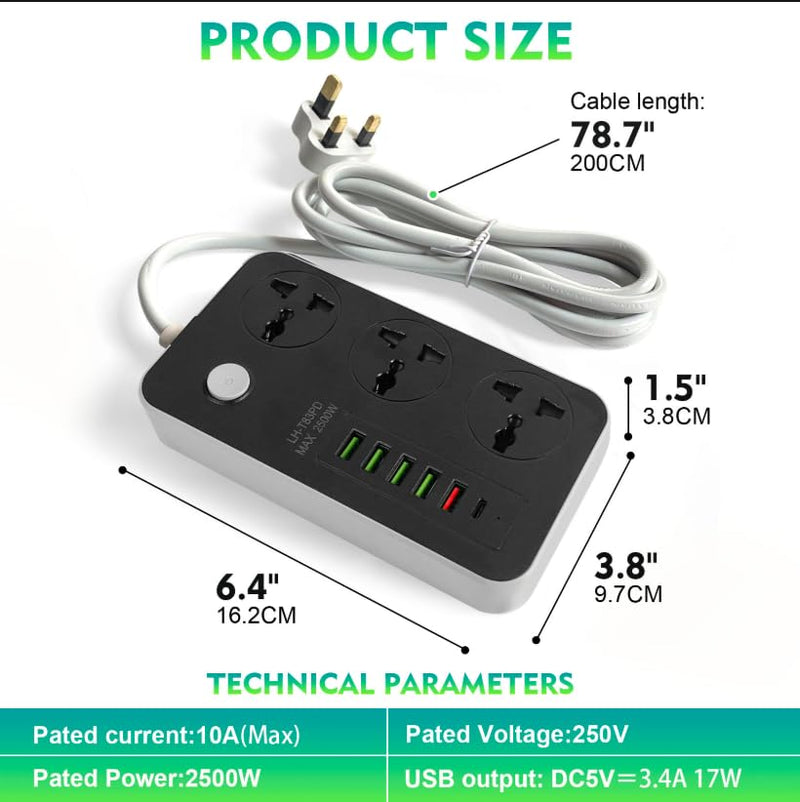 SKY-TOUCH Power Strips Extension Cords 3 Outlets, Universal Power Socket with 5 USB & 1 Type-C Ports, 2M Bold Extension Cord Plug Adapter for Home, Office, Kitchen