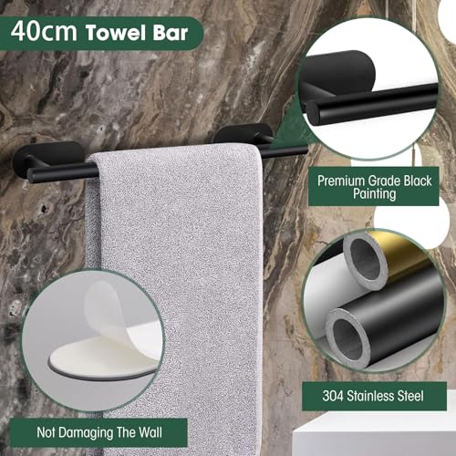 ZERIFAM Bathroom Towel Holder - 4-Pieces Towel Rack Bathroomï¼ŒBathroom Hardware Set No Need To Drill Holes,Includes Toilet Paper Holder, Clothes Hook, And Two Towel Racks (BLACK)