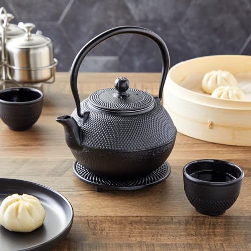 THE WHITE SHOP Cast Iron Teapot, Japanese Tetsubin Kettle Set with 2 Cups, Tea Infuser (1200 ml, Black)