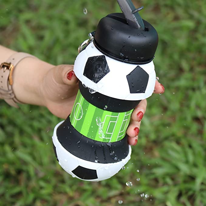 FOLDABLE BOTTLE Football Water For Sports, School, Travel, bicycle, Birthday Gifts, Shockproof, Silicone Collapsible Drink cup with Carabiner Clip Leak-Proof BPA Free (550ml-18.5oz)