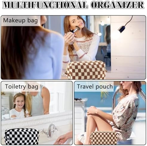 ZLFSRQ 3Pcs Checkered Makeup Bag for Women Large Cosmetic Bag Set Travel Toiletry Bag Makeup Pouch Bag for Purse Pink Zipper Storage Bag Organizer Cute Small Aesthetic Girls Car Essentials Bag