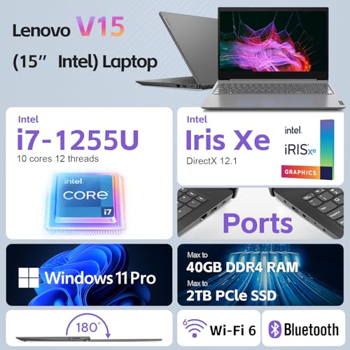 Lenovo V15 Laptop for Business, Home, Student | 15.6" FHD Anti-Glare Display | Intel Core i7-1255U | 40GB RAM | 2TB SSD | HDMI | Type-C | RJ-45 | Numeric Keypad | Webcam | Wi-Fi 6 | Windows 11 Pro
