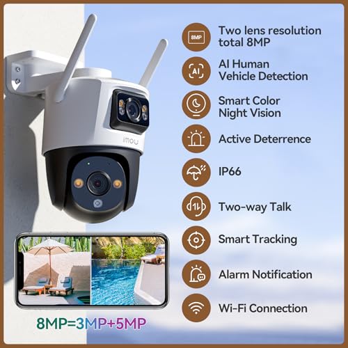 Imou 5K Outdoor Camera Wireless Outdoor Cameras, Dual-Lens Cam Outdoor Monitor, Camera for Home, Security Cameras Outdoor, Wireless Camera, 3MP Fixed Lens& 5MP PT, Cruiser Dual 8MP, Works with Alexa