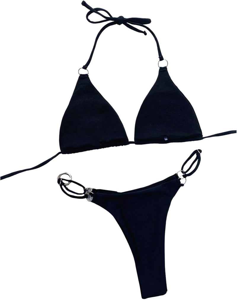 GORGLITTER Women's 2 Piece Ring Linked Tie Back Swimwear Halter Triangle Bikini Swimsuit