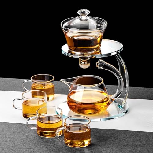 Unbreakable Glass Teapot Set, 340ml Semi-Automatic Rotating Kungfu Tea Pot with Infuser, Borosilicate Glass Drip Teapot for Home, Tea House, Restaurant, Chinese Tea Ceremony