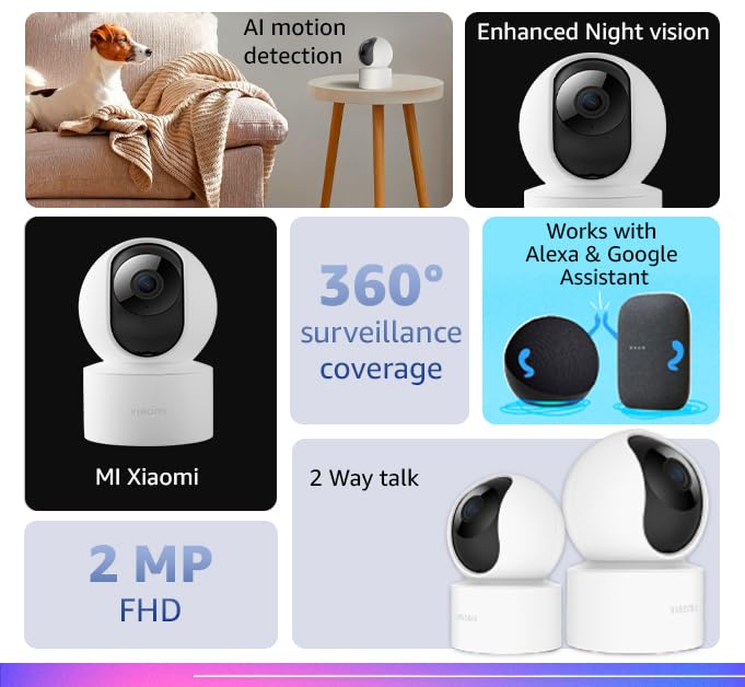 Xiaomi MI Wireless Home Security Camera 2i 2022 Edition | Full HD Picture | 360 View | 2MP | AI Powered Motion Detection | Enhanced Night Vision| Talk Back Feature (2 Way Calling), 1080p, White