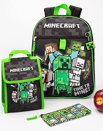 Minecraft Kids School Backpack and Lunch Box 5 Pieces One Size, Black, One Size, Black, One Size, Black, Taille unique