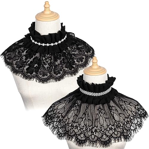 Neck Ruffle Collar, Fake Collar Black Lace Lolita Neck Ruffle Collar Cape, Detachable Elizabethan Style False Floral Layered Collar for Women Girls Evening Dress Accessory for Women Girls(2 Pcs)