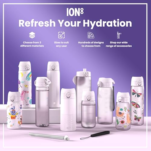 Ion8 Lightweight Steel Kids Water Bottle, 400ml/13oz, Non-Insulated, Leak Proof, Easy to Open, Secure Lock, Dishwasher Safe, Fits Cup Holders, Carry Handle, Metal Water Bottle, Pink, Unicorns