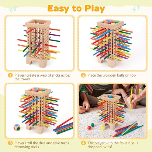 TOYBY Wooden Board Game Montessori Toys, 42 Colourful Sticks Dice Game Math Educational Toy, Family Fun Ball Dropping Game, 1 to 6 Players Fine Motor Skills Travel Games for 3 4 5 6 Years Old Boy Girl