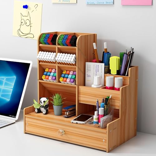 Excefore Desk Organizers Office Storage Supplies, Pen Holder Accessories for Pencil Marker - Wooden Desktop Stationary Organization for Office Decor - Art Supply Desk Caddy for Classroom School Home