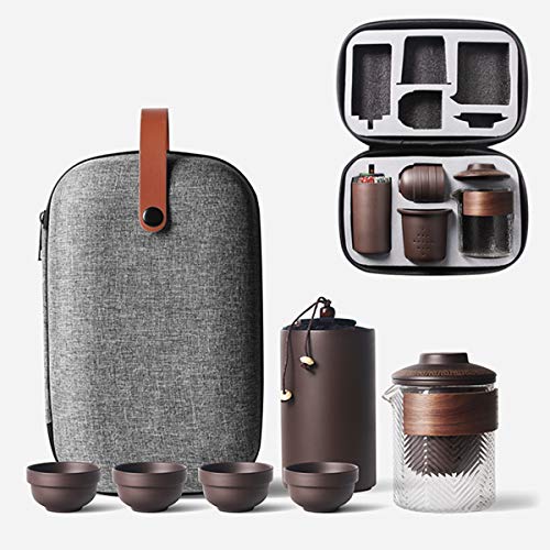 TOLOG Travel Chinese Kung Fu Ceramic Teapot Portable Handmade, Teapot Teacups All in One Gift Bag for Adults (purple clay tea sets 3)