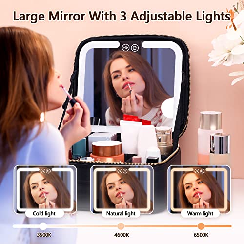 VANMRIOR Travel Makeup Bag with LED Lighted Make up Case with Mirror 3 Color Setting Cosmetic Makeup Box Organizer Vanity Case for Women Beauty Tools Accessories Case Rechargeable, Black, Travel