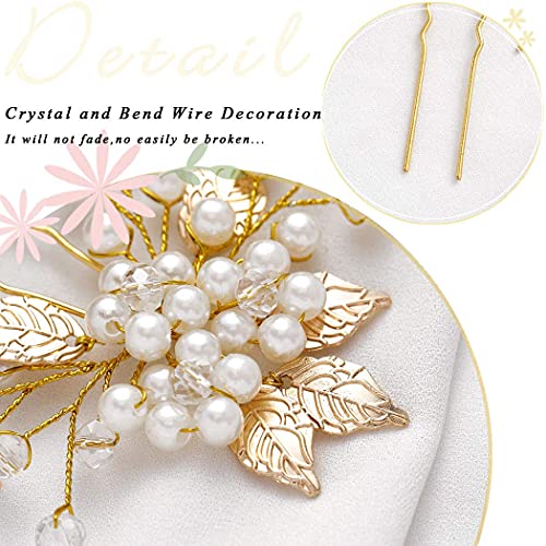 Excefore Pearl Bride Wedding Hair Pins, 3Pcs Leaf Bridal Head Piece Flower Hair Accessories for Women and Girls