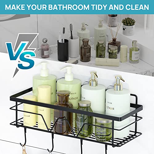 Vtopmart 5 Pack Shower Caddy Shelves Organizer with 4 Hooks, Stainless Steel Bathroom Self Adhesive Rack Storage Shelf for Inside Shower, Wall Organization, Black