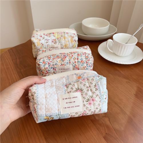 Sminra Floral Makeup Bag Large Cotton Quilted Cosmetic Makeup Bag Organizer, Aesthetic Portable Pouch Purse Toiletry Bag for Women Girls Travel accessories(Blue Floral-L)