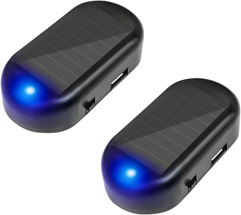 2PCS Car Solar Power Simulated Dummy Alarm, Anti-Theft LED Flashing Security Light Fake Lamp, Auto Warning Interior Safety Lights with USB Charger Port, Car Accessories for Most Cars (Blue/2PCS)