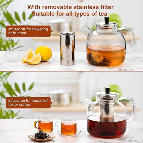 1500ML Glass Teapot with Removable Stainless Steel Infuser Strainer, 52oz Tea Kettle,Stovetop Safe Large Tea Pot, Blooming and Loose Leaf Hand Crafted Kettle for Adult Stainless Infuser
