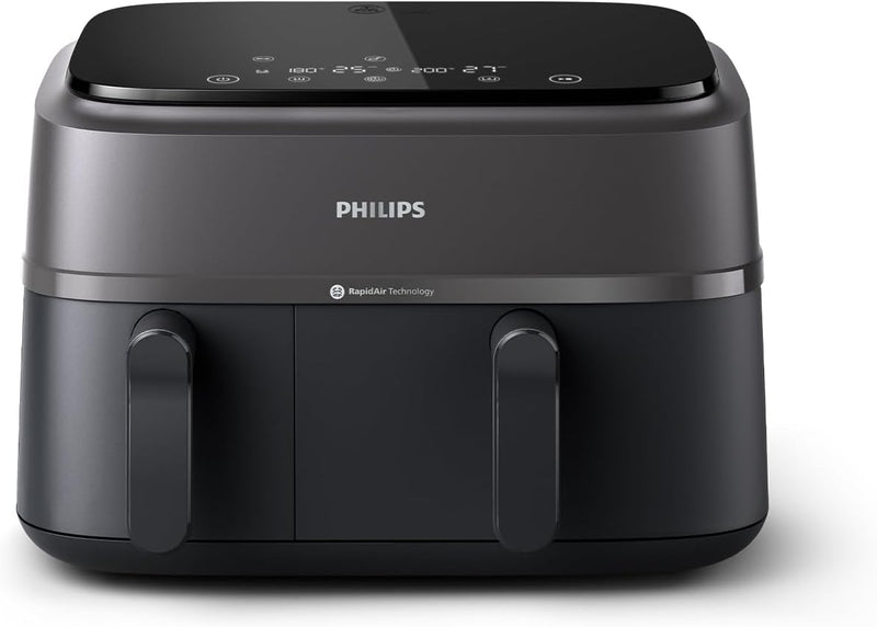 Dual Basket Airfryer 3000 Series, 9L, 2 Drawer Air Fryer, with Breakfast Kit, Rapid Air Technology, Versatile Large Air Fryer for Family, 99% Less fat and Energy Saving, HomeID App (NA350/03) - With Breakfast set Dual Basket 9L