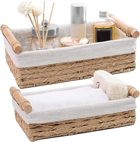 BOBBYQ Round Paper Rope Storage Basket Wicker Baskets for Organizing with Handle Decorative Storage Bins for Countertop Toilet Paper Basket for Toilet Tank Top Small Baskets Set (Set of 2,Beige)