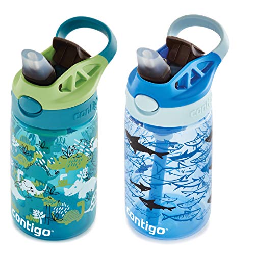 Contigo Kids Water Bottle with Redesigned AUTOSPOUT Straw, 14 oz., Dinos & Sharks, 2-Pack
