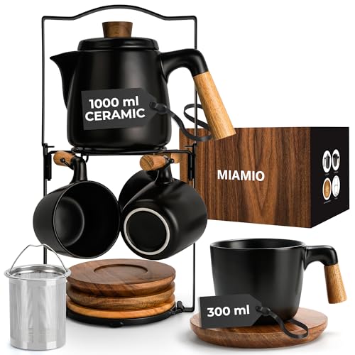 MIAMIO â€“ 1000 ml Ceramic Tea Pot Set with Infuser/Tea Strainer, 4 Ceramic Tea Mugs (300 ml), Bamboo Saucers/Handle and Rack for Home and Office (Black)