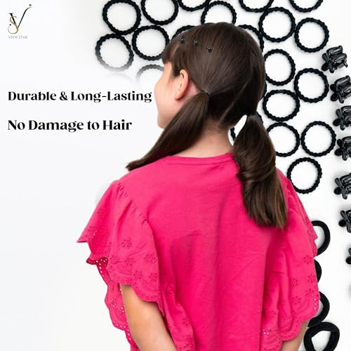 Viewstar 74 PCS Black Hair Ties Set - Durable Elastic Rubber Bands & Mini Claw Clips for Women & Girls ??No Damage, Strong Hold, Travel-Friendly Storage Box