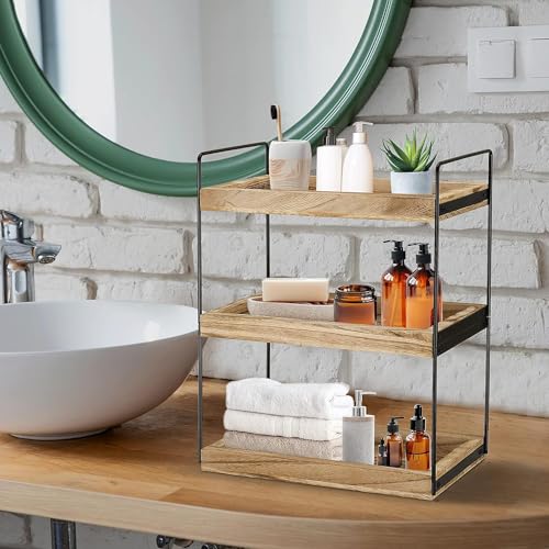 U-HOOME 3 Tier Bathroom Countertop Organizer,Wood Bathroom Vanity Organizer Shelf Storage,Bathroom Trays for Counter,Perfume Skincare Organizer Cosmetic Holder Kitchen Spice Rack (3 TIER)