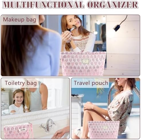 ZLFSRQ 3Pcs Checkered Makeup Bag for Women Large Cosmetic Bag Set Travel Toiletry Bag Makeup Pouch Bag for Purse Pink Zipper Storage Bag Organizer Cute Small Aesthetic Girls Car Essentials Bag